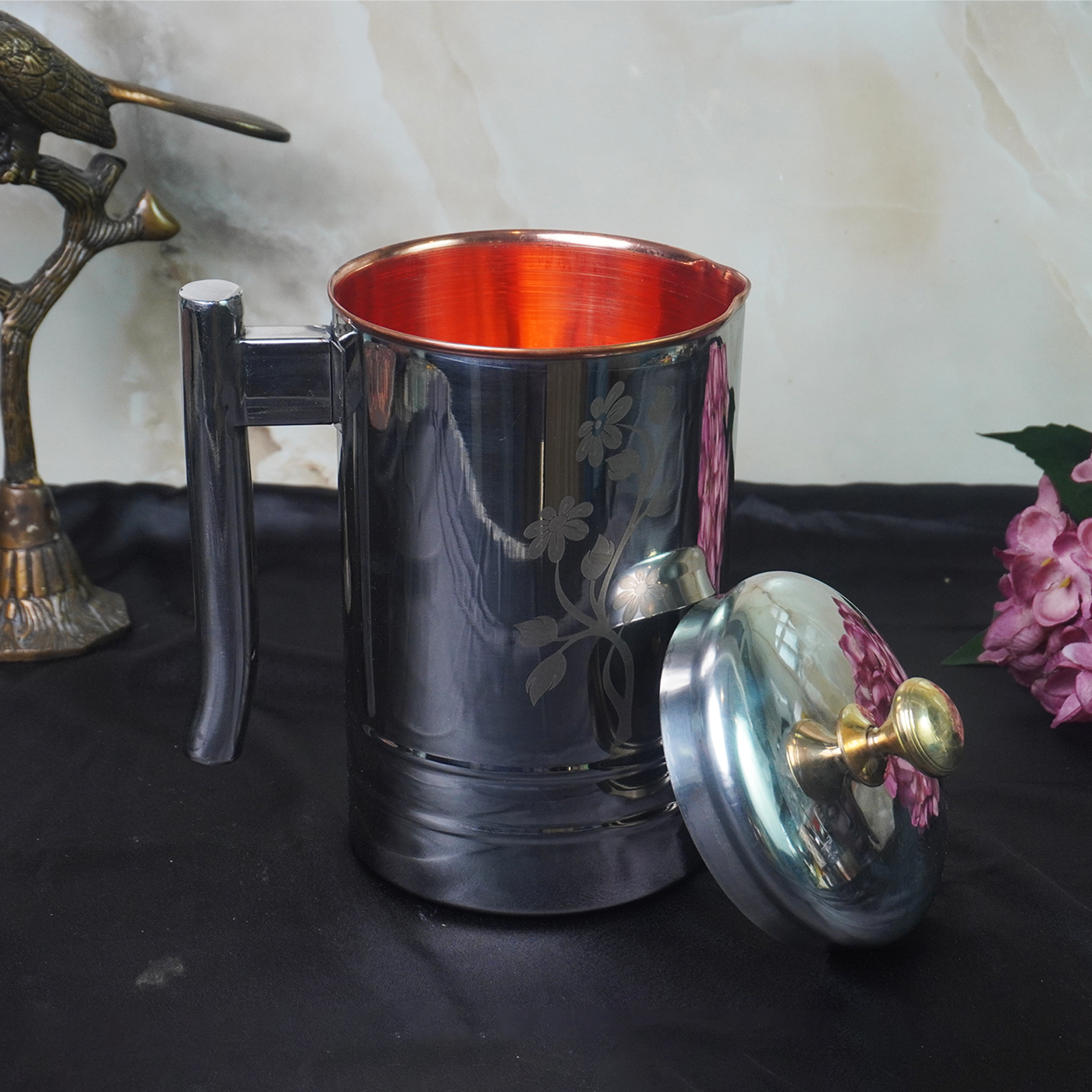 Copper Steel Platinum Jug , Picture With Brass Knob With Lid Serveware, Drinkware