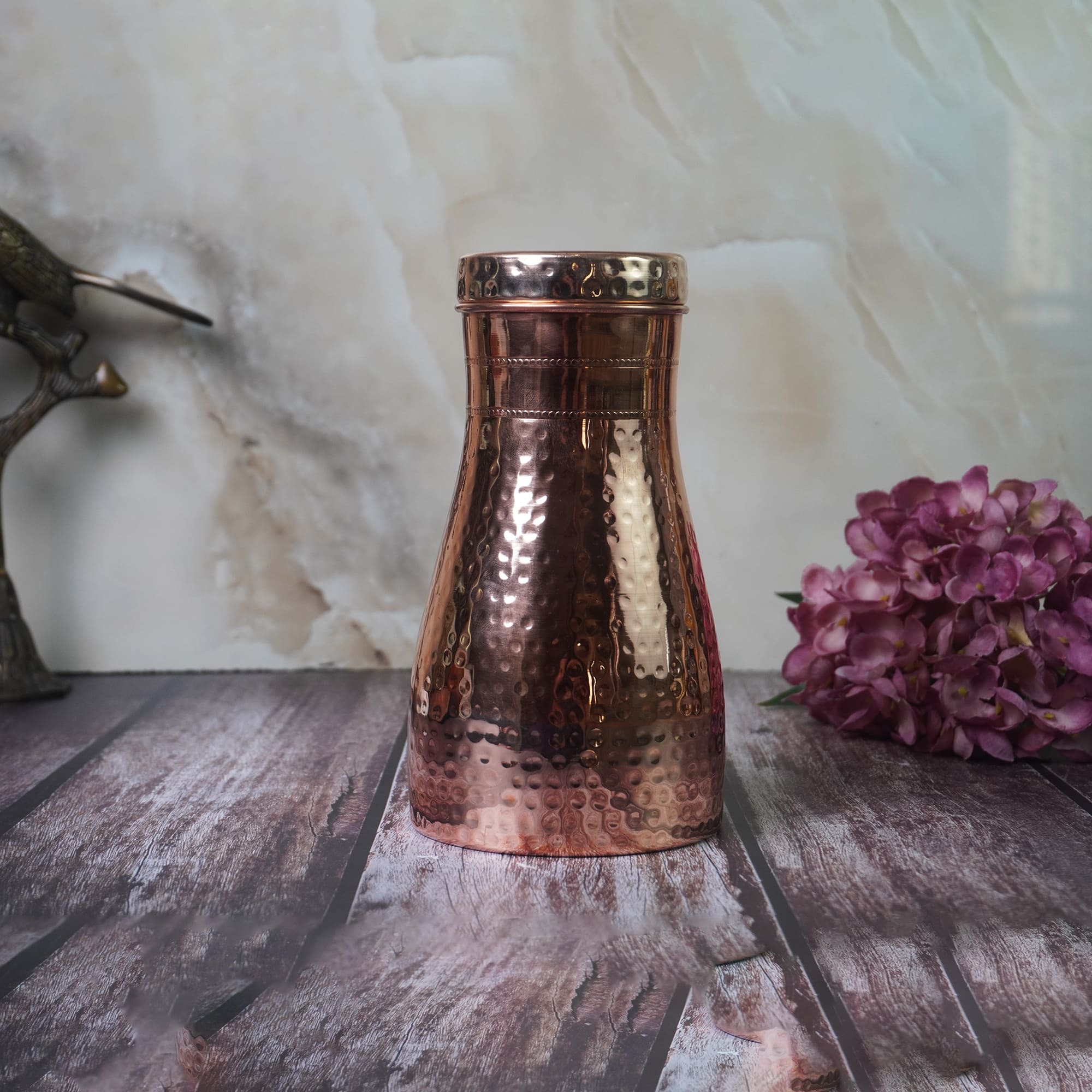 Pure Copper Bedside Water Carafe With Inbuilt Glass /Hammered