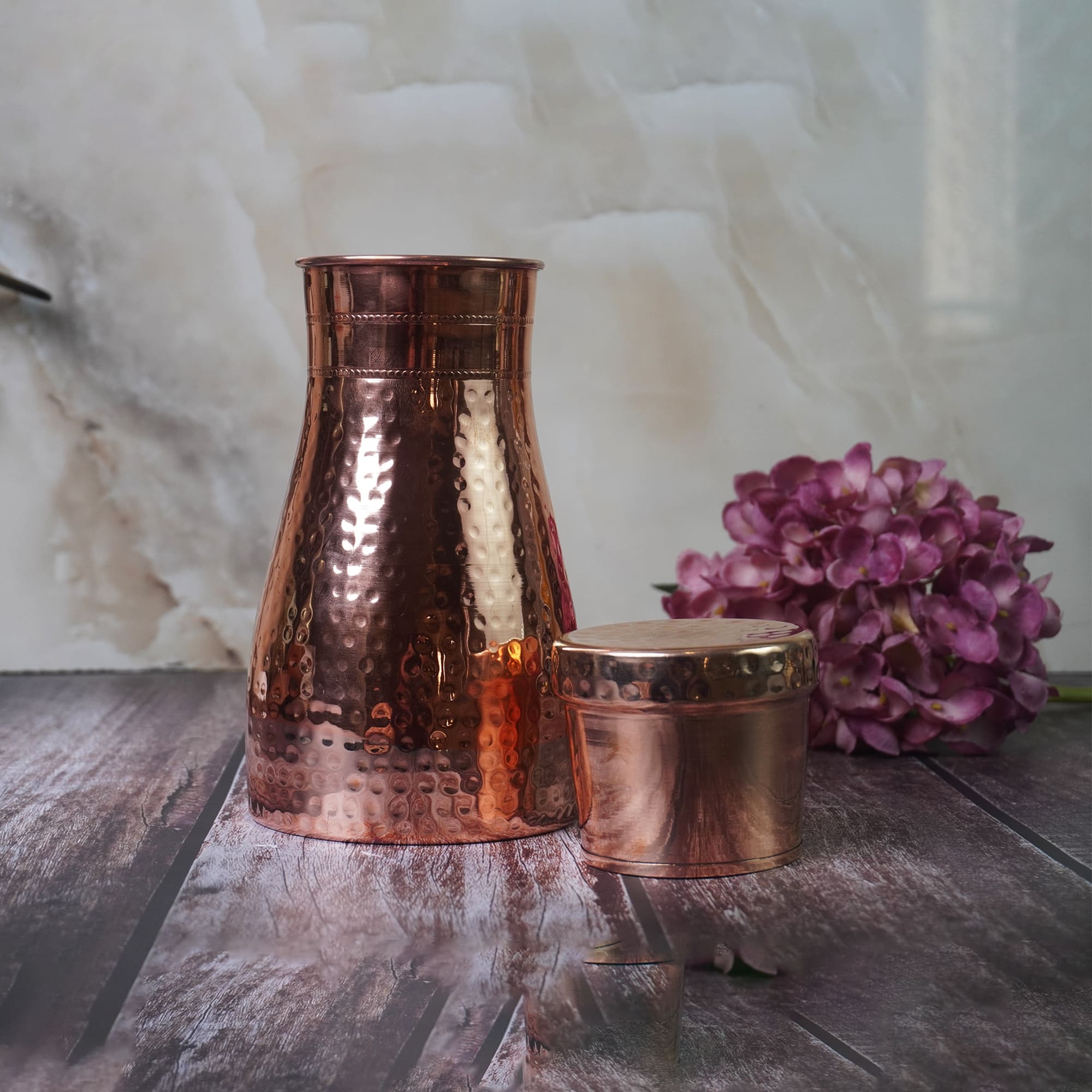 Pure Copper Bedside Water Carafe With Inbuilt Glass /Hammered