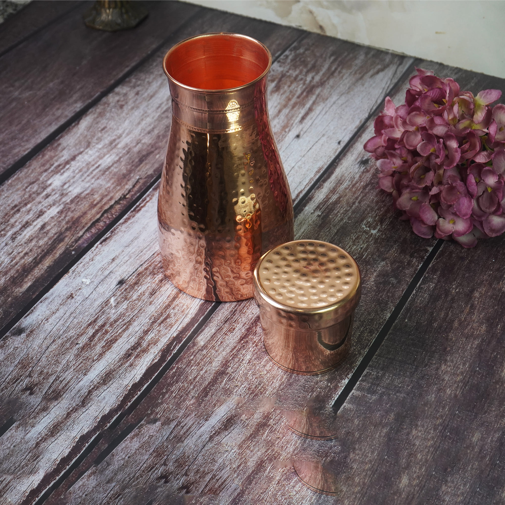 Pure Copper Bedside Water Carafe With Inbuilt Glass /Hammered