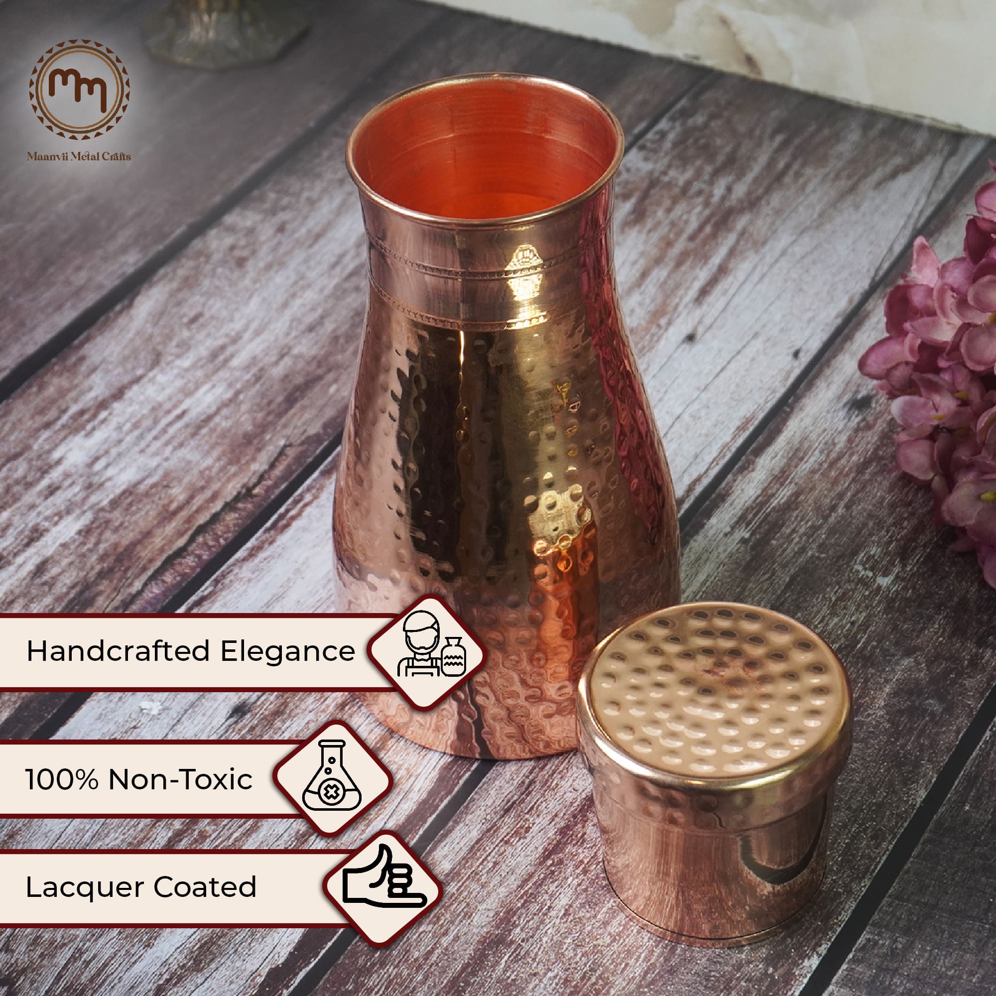 Pure Copper Bedside Water Carafe With Inbuilt Glass /Hammered