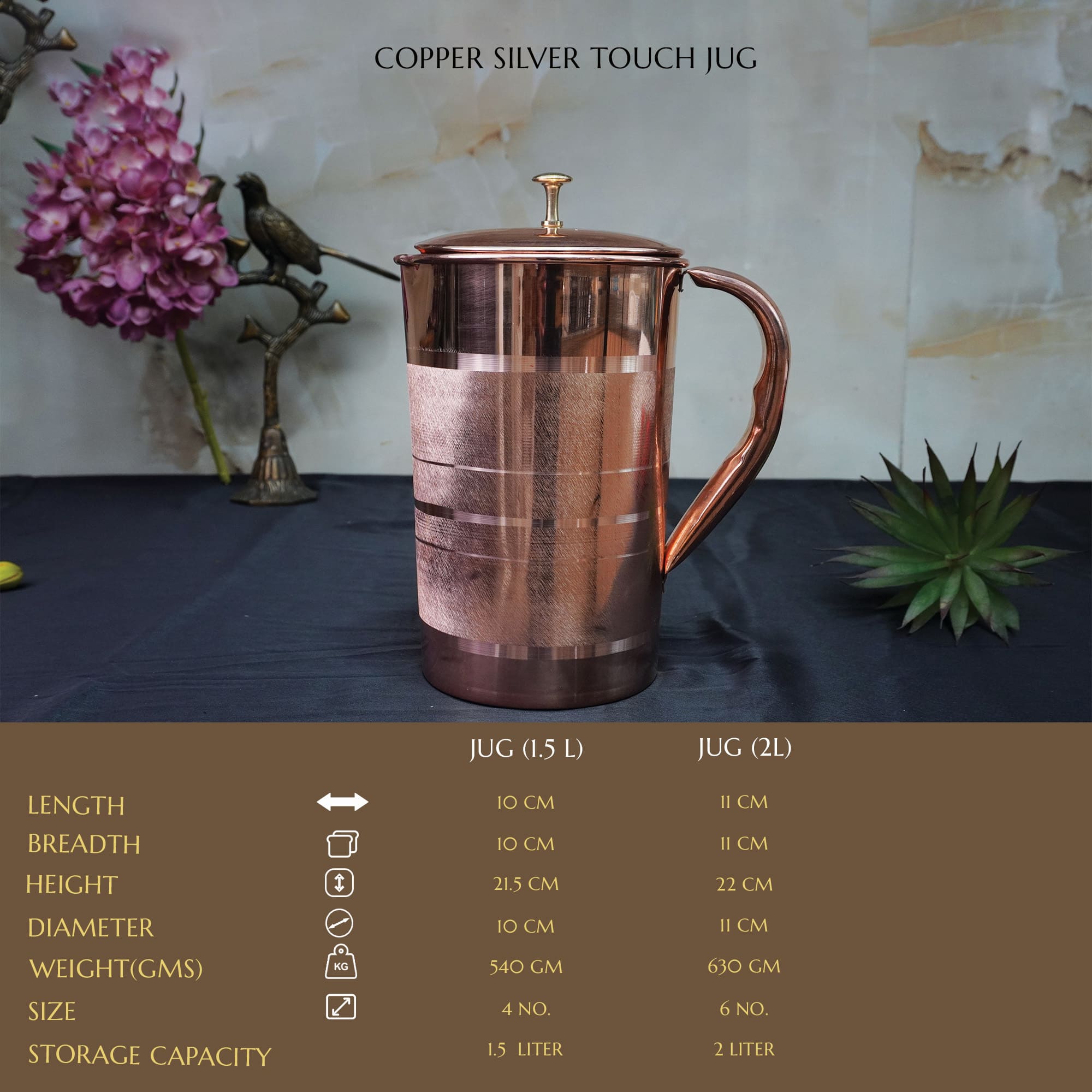 Copper Silver Engraved  Luxury Jug, Pitcher With Jug  Serveware, Drinkware  (1.5 l)