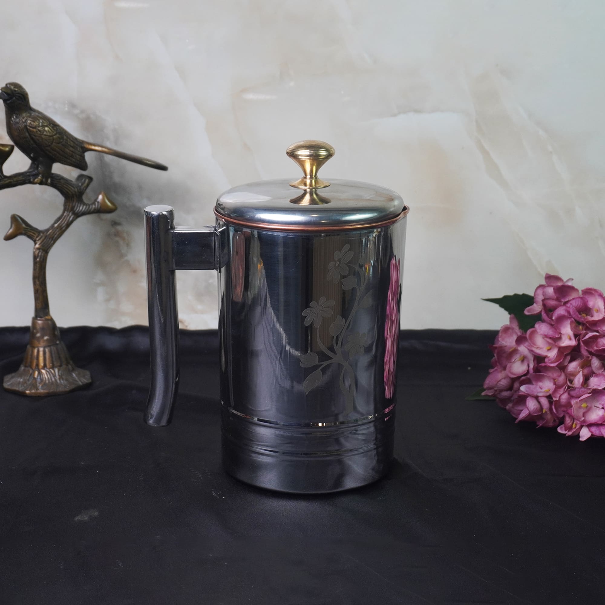 Copper Steel Platinum Jug , Picture With Brass Knob With Lid Serveware, Drinkware