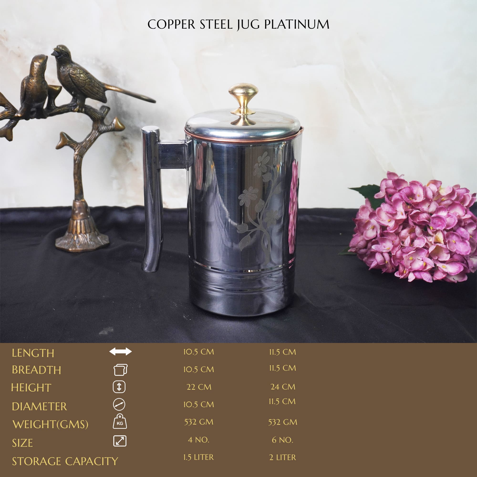 Copper Steel Platinum Jug , Picture With Brass Knob With Lid Serveware, Drinkware