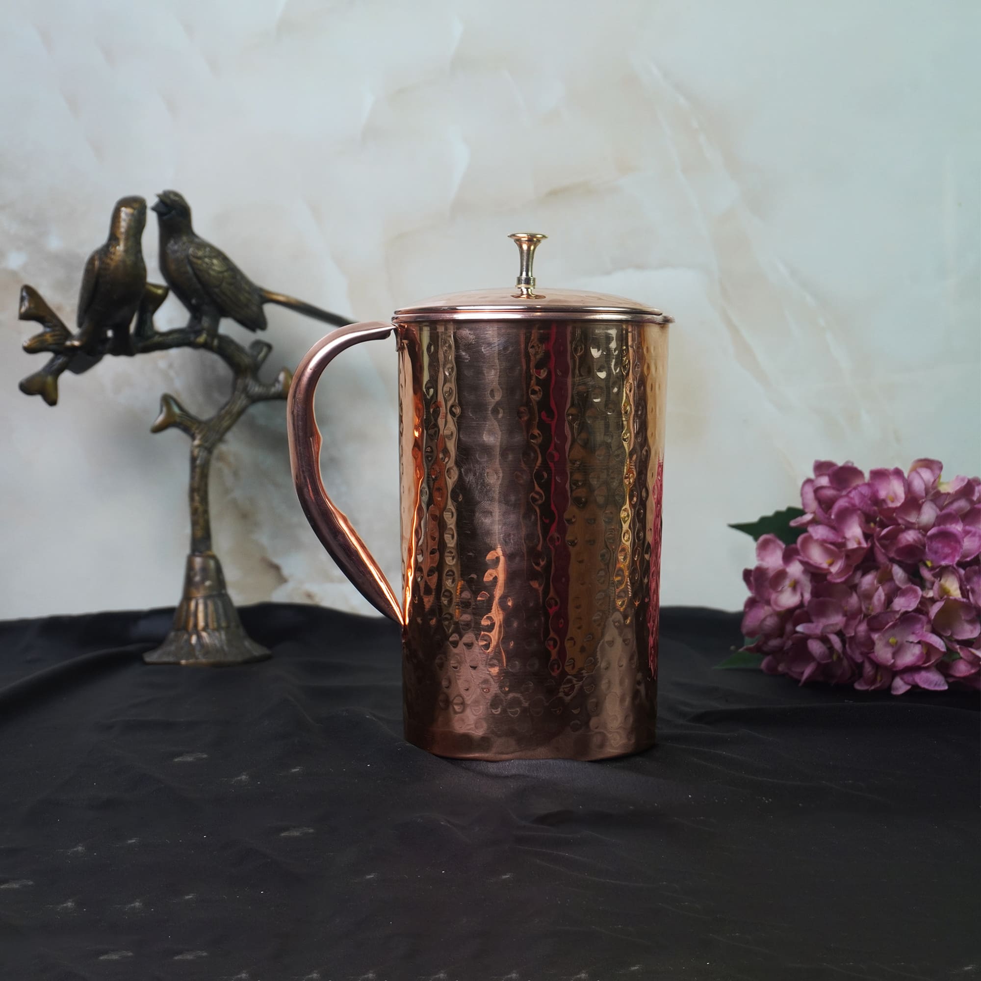 Handcrafted Pure Copper Jug Pitcher with Lid, Hammered Design, Drinkware, Serveware