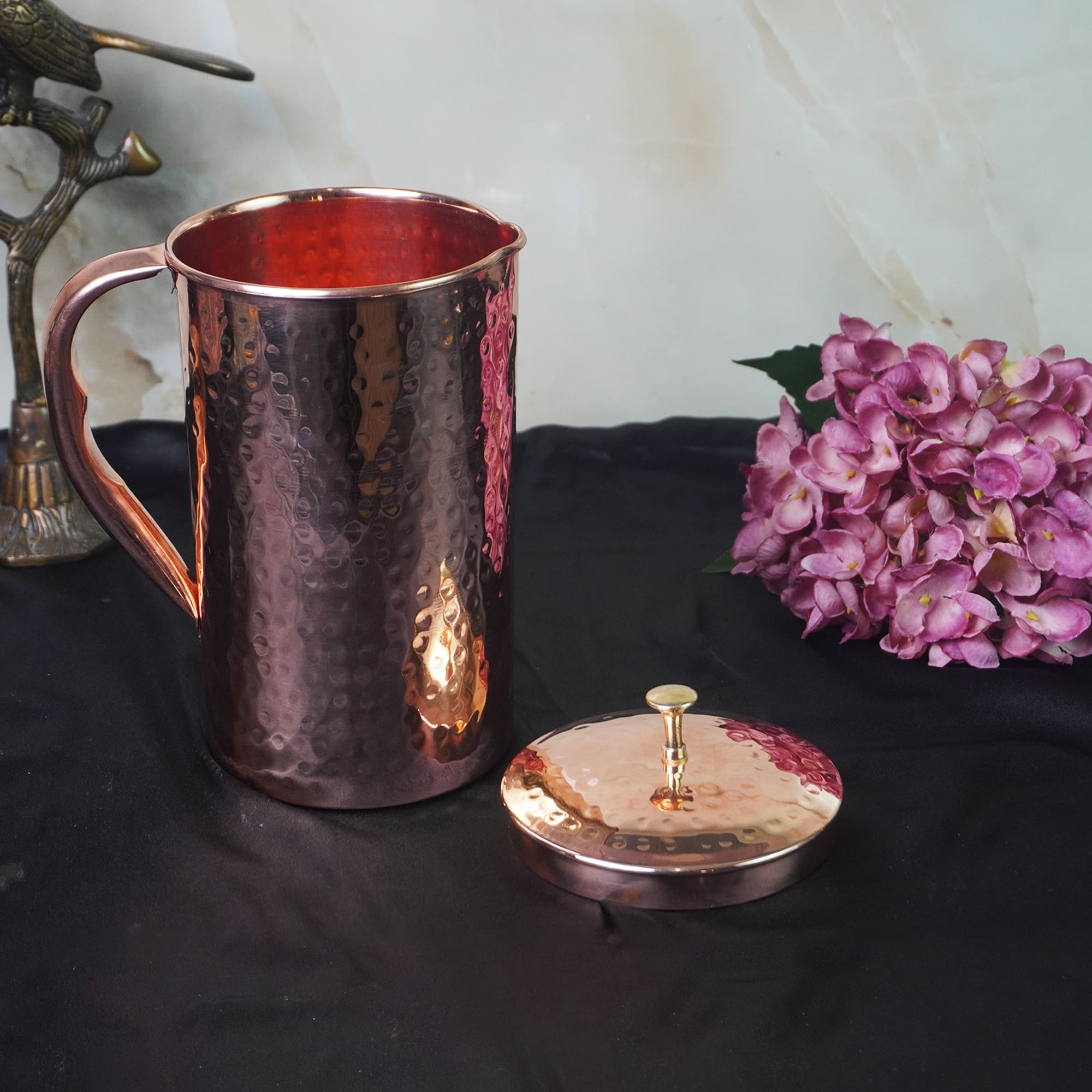 Handcrafted Pure Copper Jug Pitcher with Lid, Hammered Design, Drinkware, Serveware