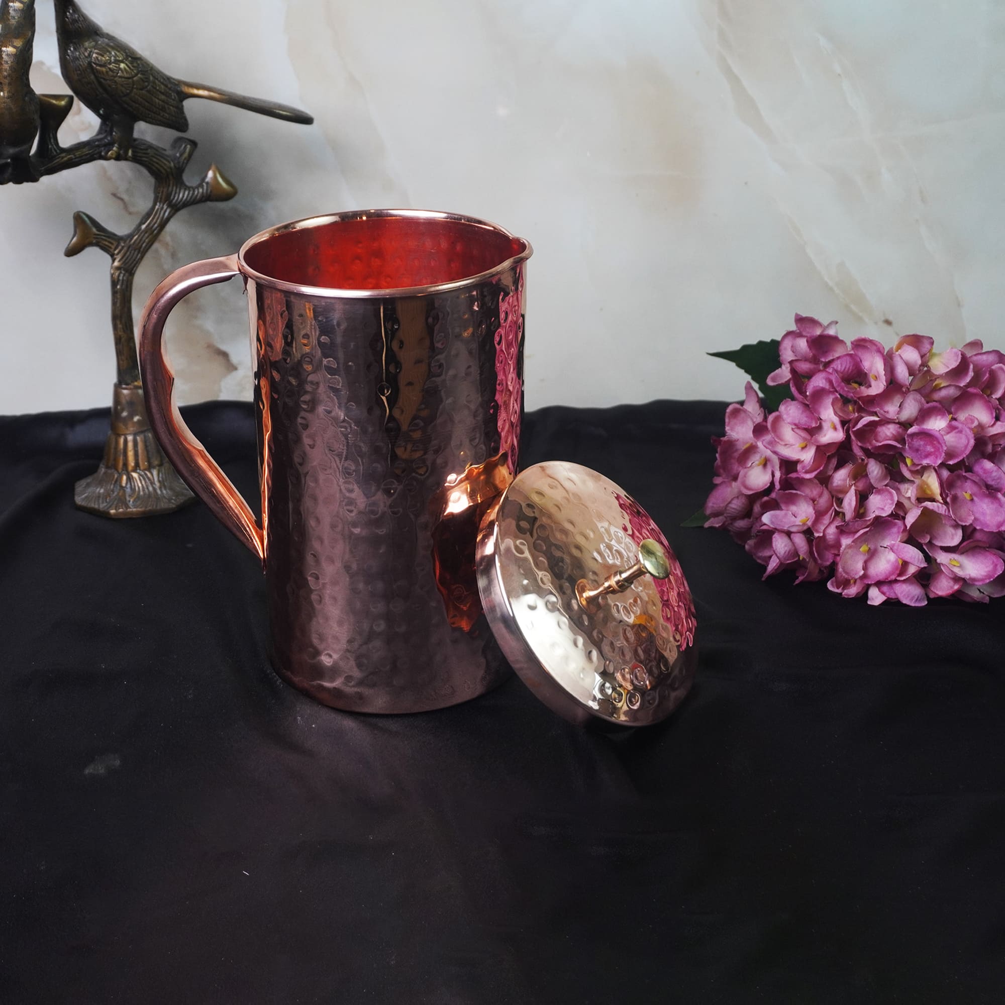 Handcrafted Pure Copper Jug Pitcher with Lid, Hammered Design, Drinkware, Serveware