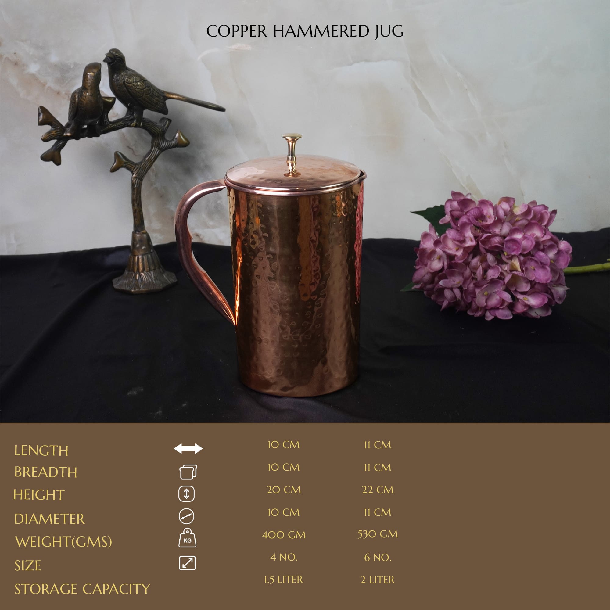 Handcrafted Pure Copper Jug Pitcher with Lid, Hammered Design, Drinkware, Serveware