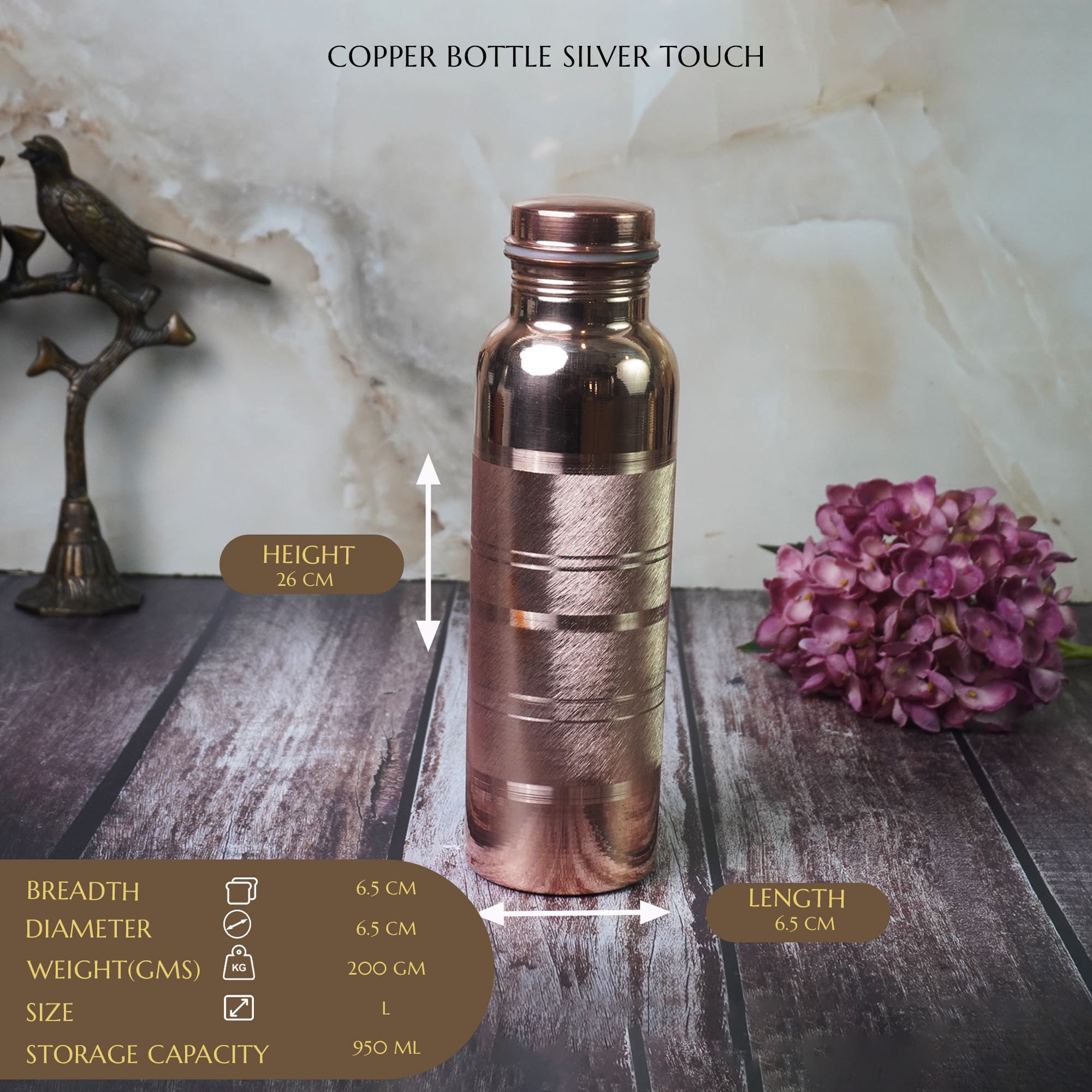 Maanvii Copper Tamba Silver Touch Bottle “ 950 ml: Elegance Meets Health in Every Sip