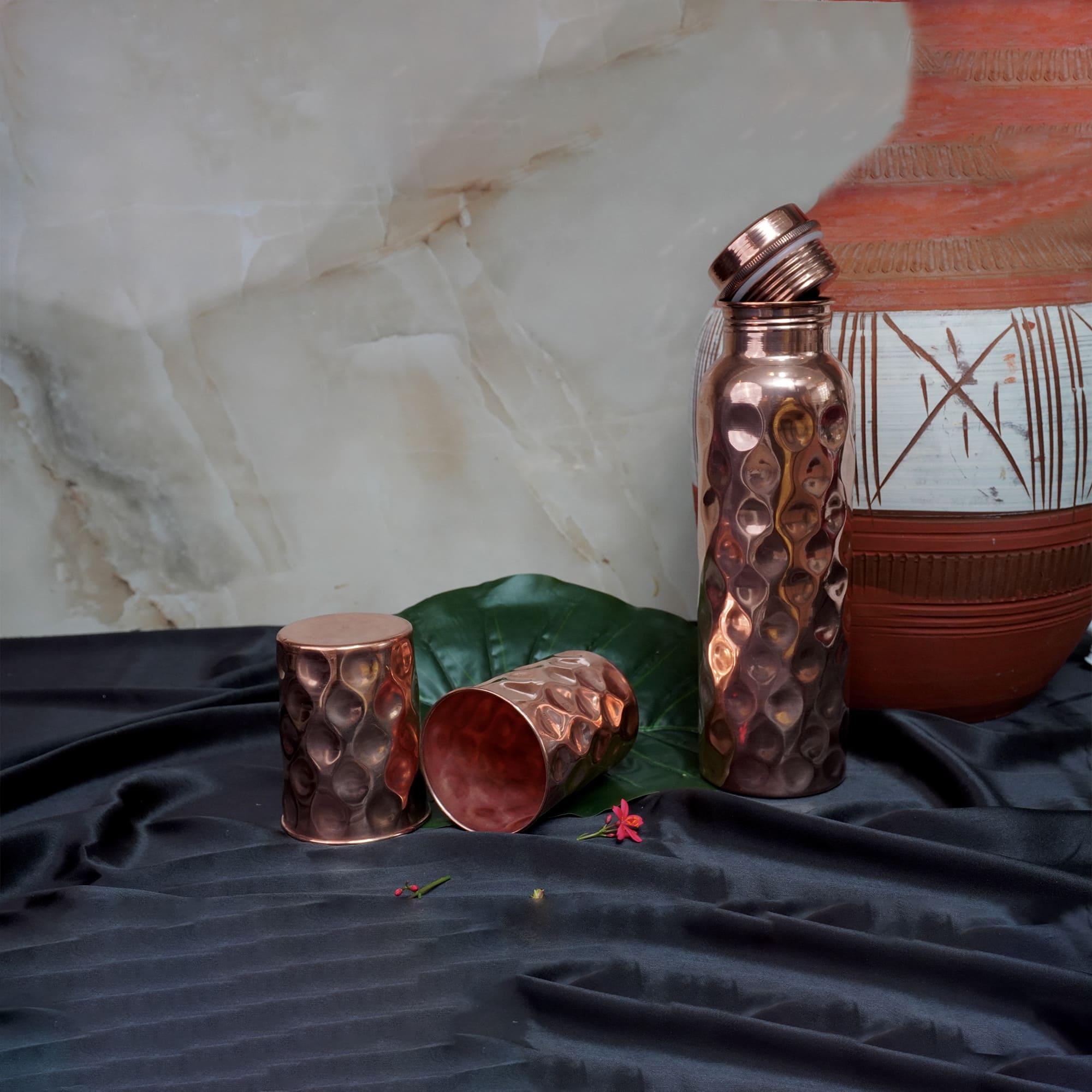 Diamond Hammered Pure Copper Drinkware Gift Set - 1 Bottle & 2 Glasses for Diwali, Birthdays & Parties