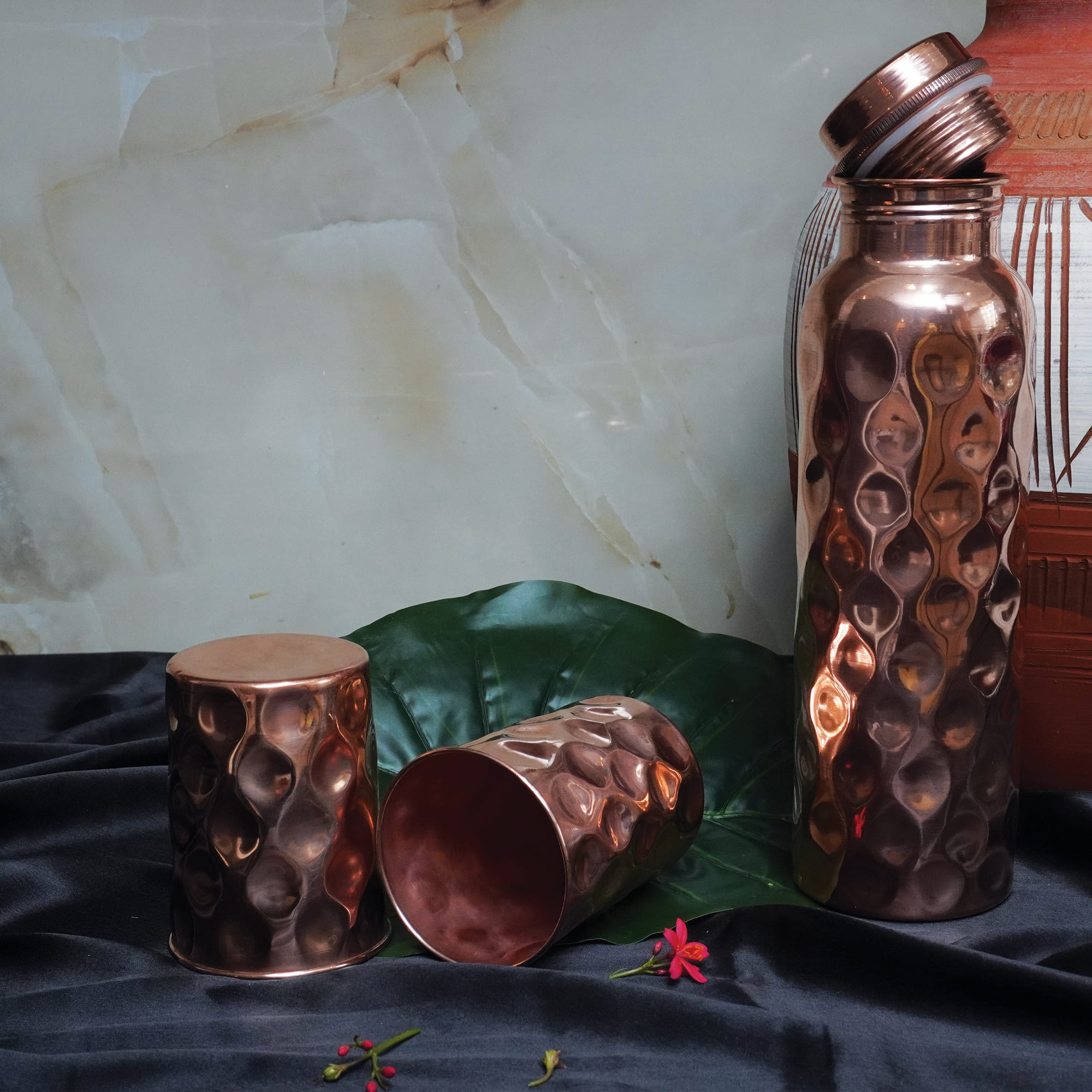 Diamond Hammered Pure Copper Drinkware Gift Set - 1 Bottle & 2 Glasses for Diwali, Birthdays & Parties