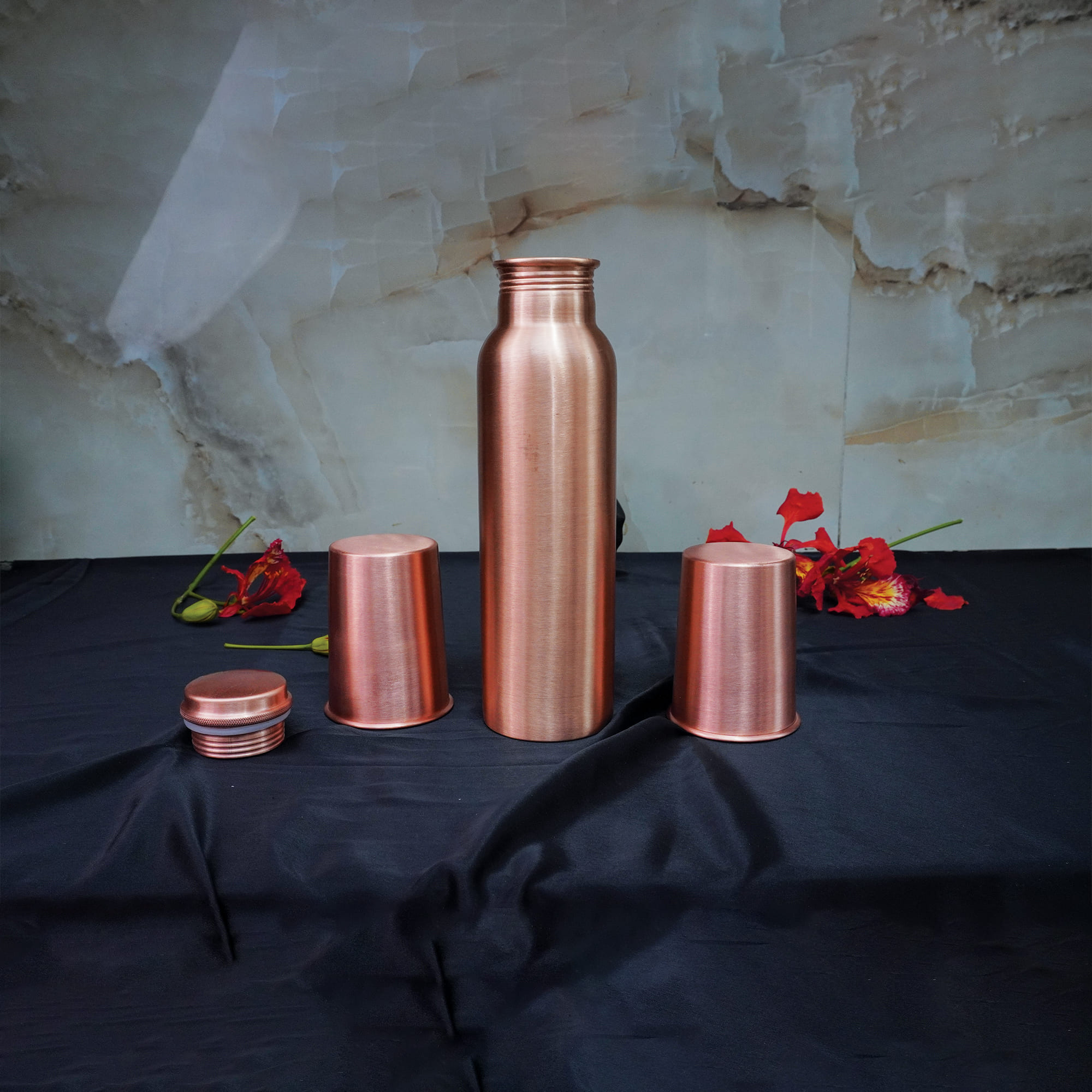 Pure Copper Matt Finish Lacquer Coated Water Bottle with 2 Glasses - Elegant Drinkware Set