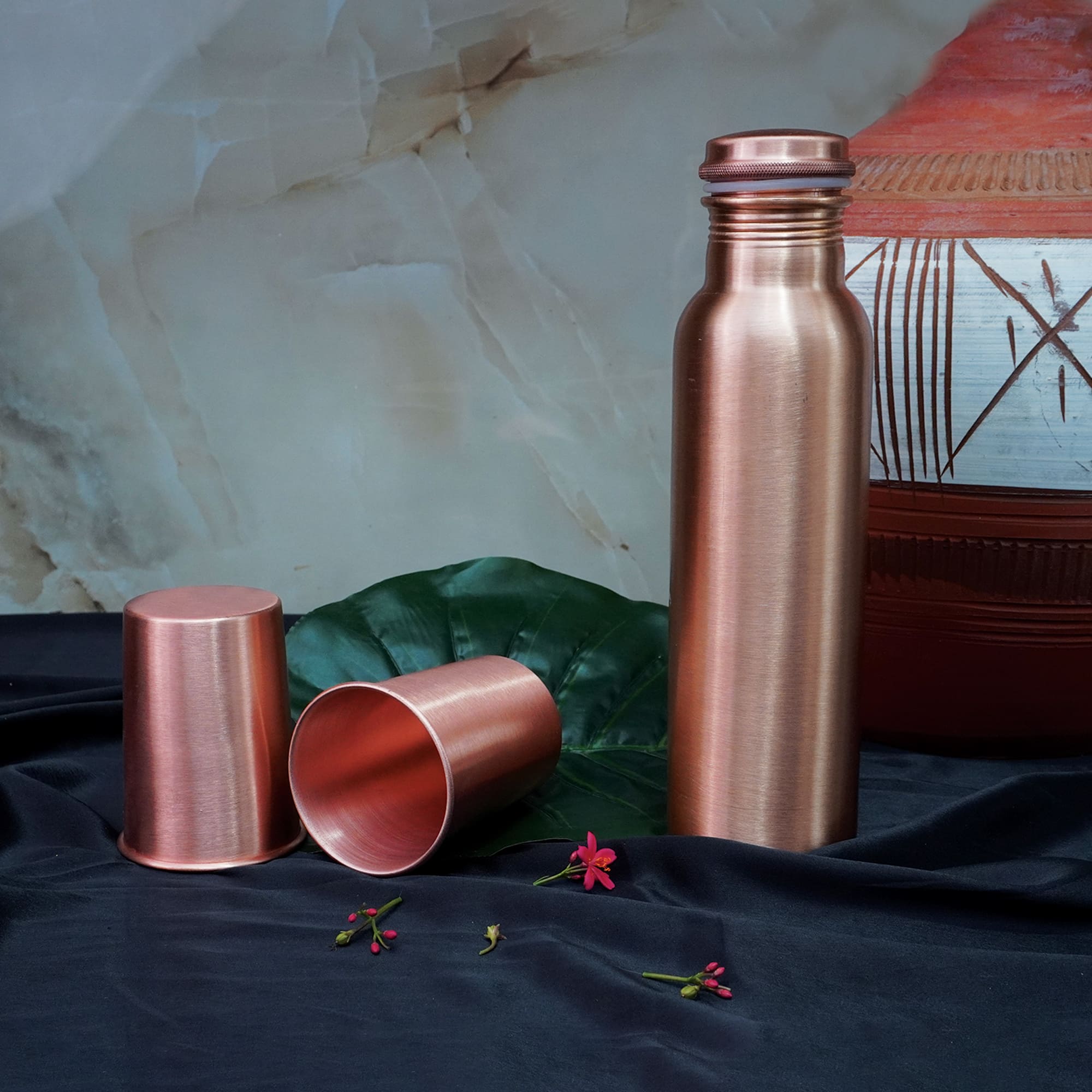 Pure Copper Matt Finish Lacquer Coated Water Bottle with 2 Glasses - Elegant Drinkware Set