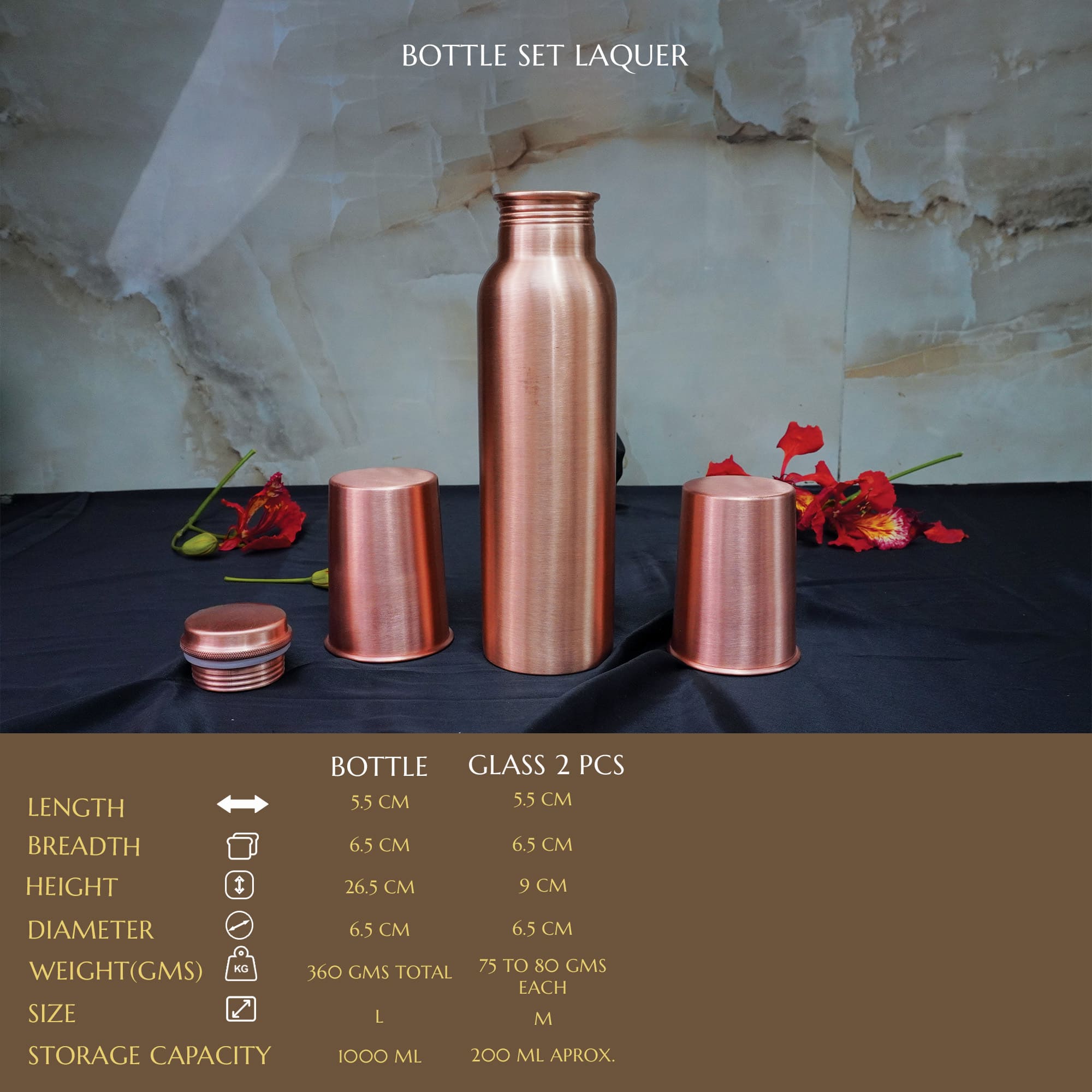 Pure Copper Matt Finish Lacquer Coated Water Bottle with 2 Glasses - Elegant Drinkware Set