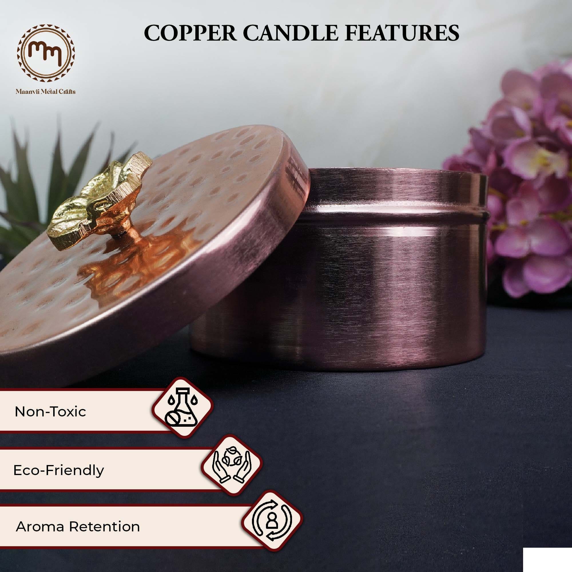 Maanvii Copper Finish Luxury Scented Candle with Hammered Lid and Brass Knob: Elegance Meets Serenity