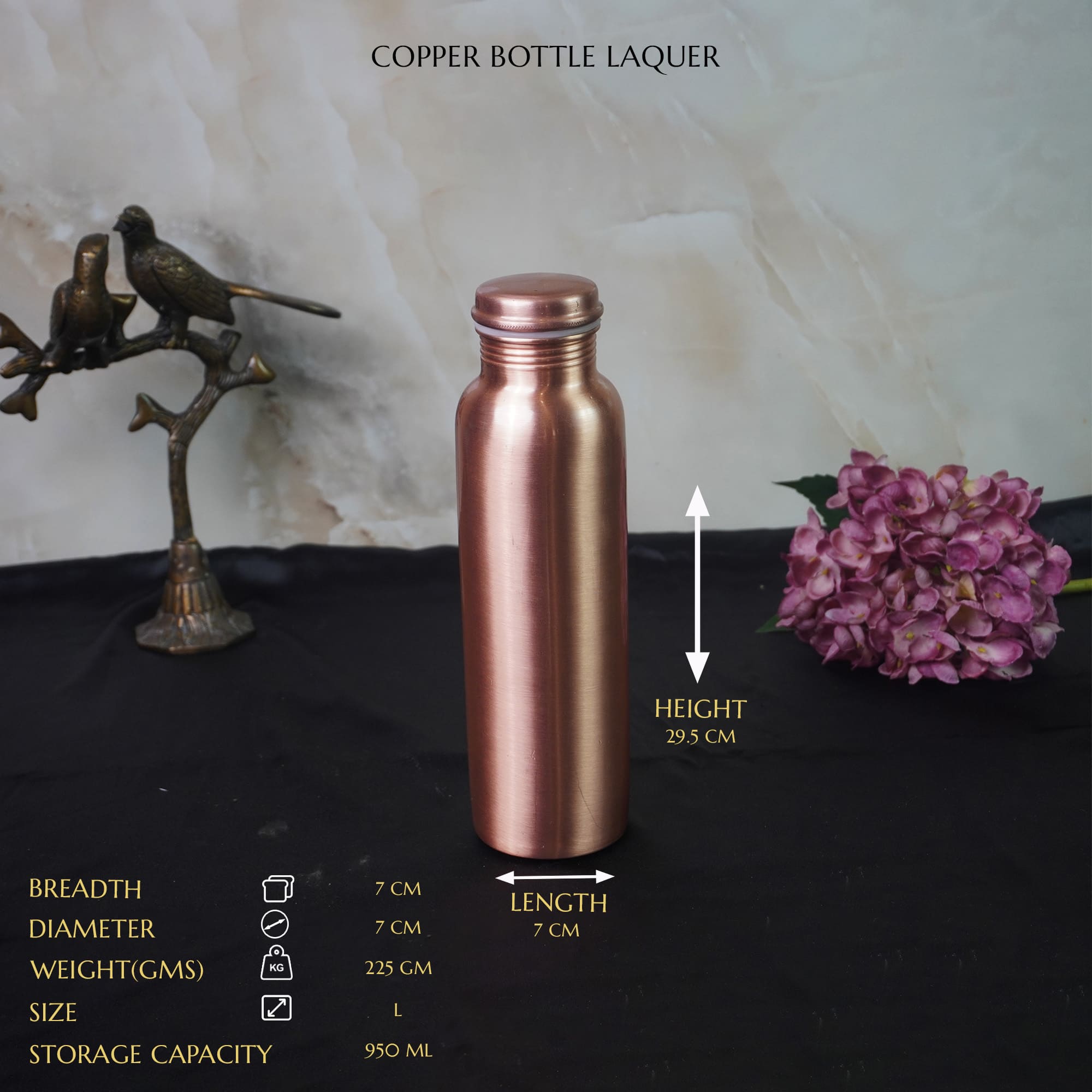 Pure Copper Matt Finish Lacquer Coated Water Bottle-950 ml,Stylish, Durable, and Health-Boosting