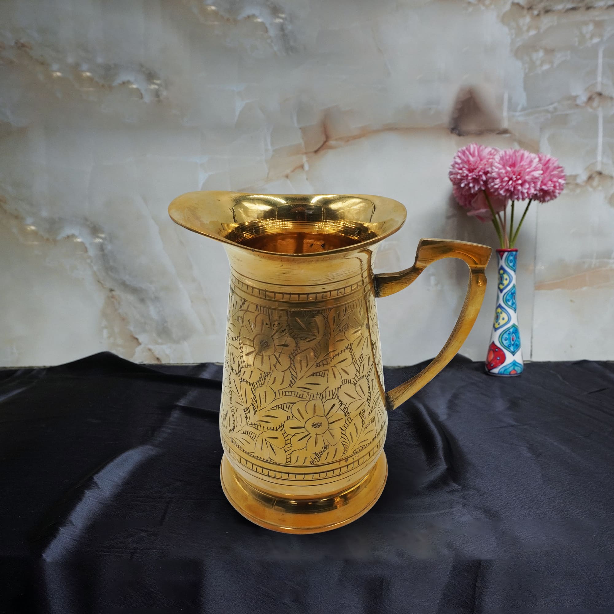 Maharaja Pure Brass Jug - Elegant Embossed Design & Designer Handle | 1200 ML