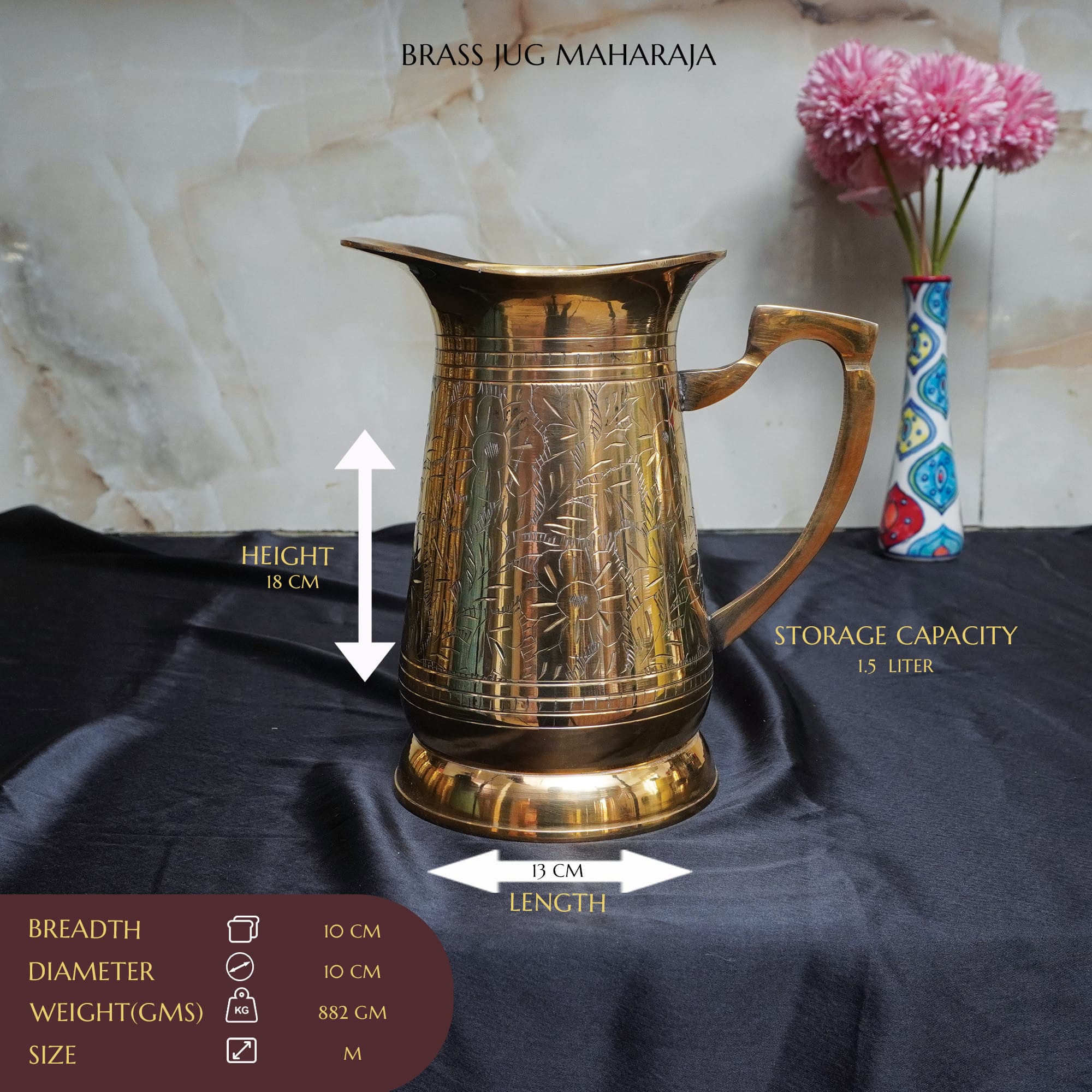 Maharaja Pure Brass Jug - Elegant Embossed Design & Designer Handle | 1200 ML