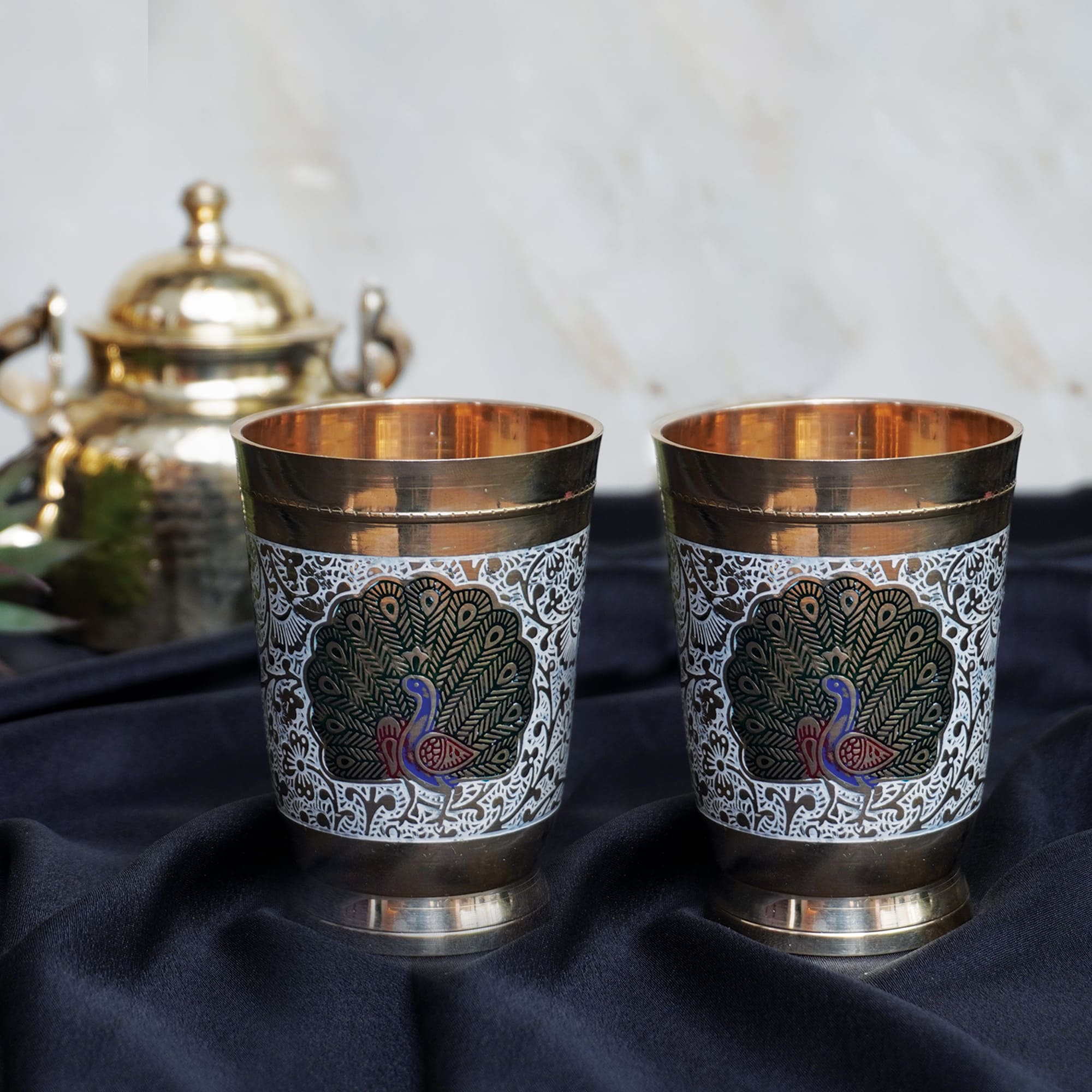 Handcrafted Pure Brass Glass with Embossed Peacock Design - 250 ml Drinkware