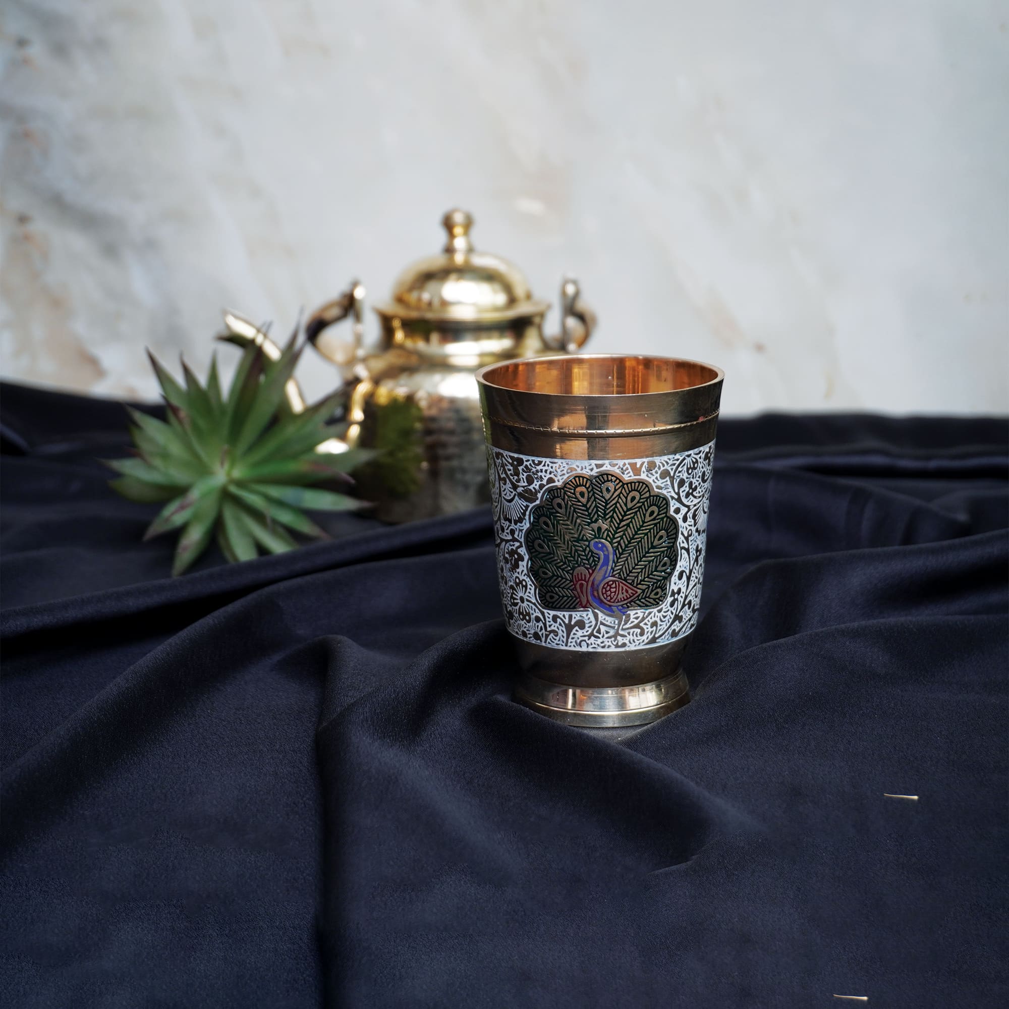 Handcrafted Pure Brass Glass with Embossed Peacock Design - 250 ml Drinkware