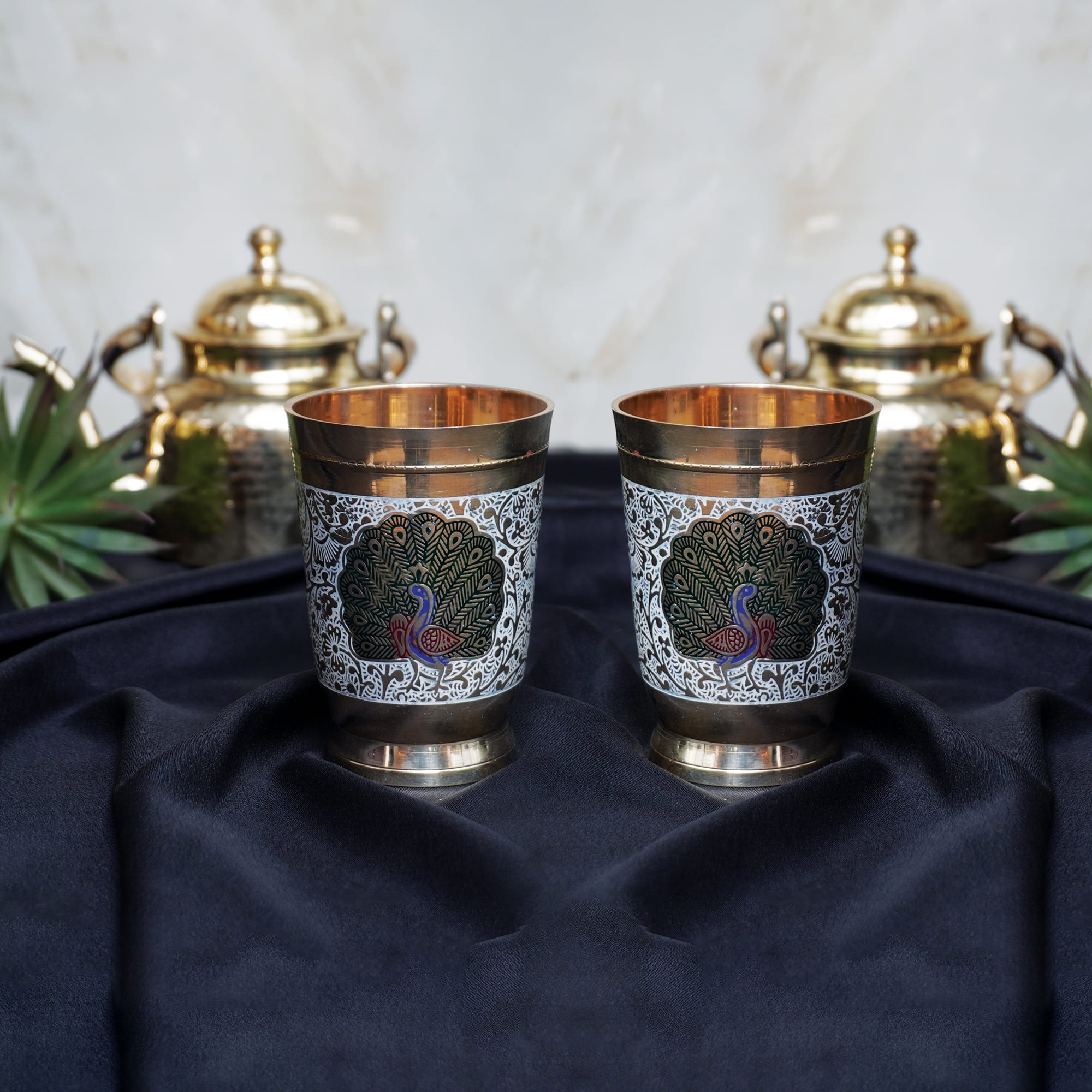 Handcrafted Pure Brass Glass with Embossed Peacock Design - 250 ml Drinkware