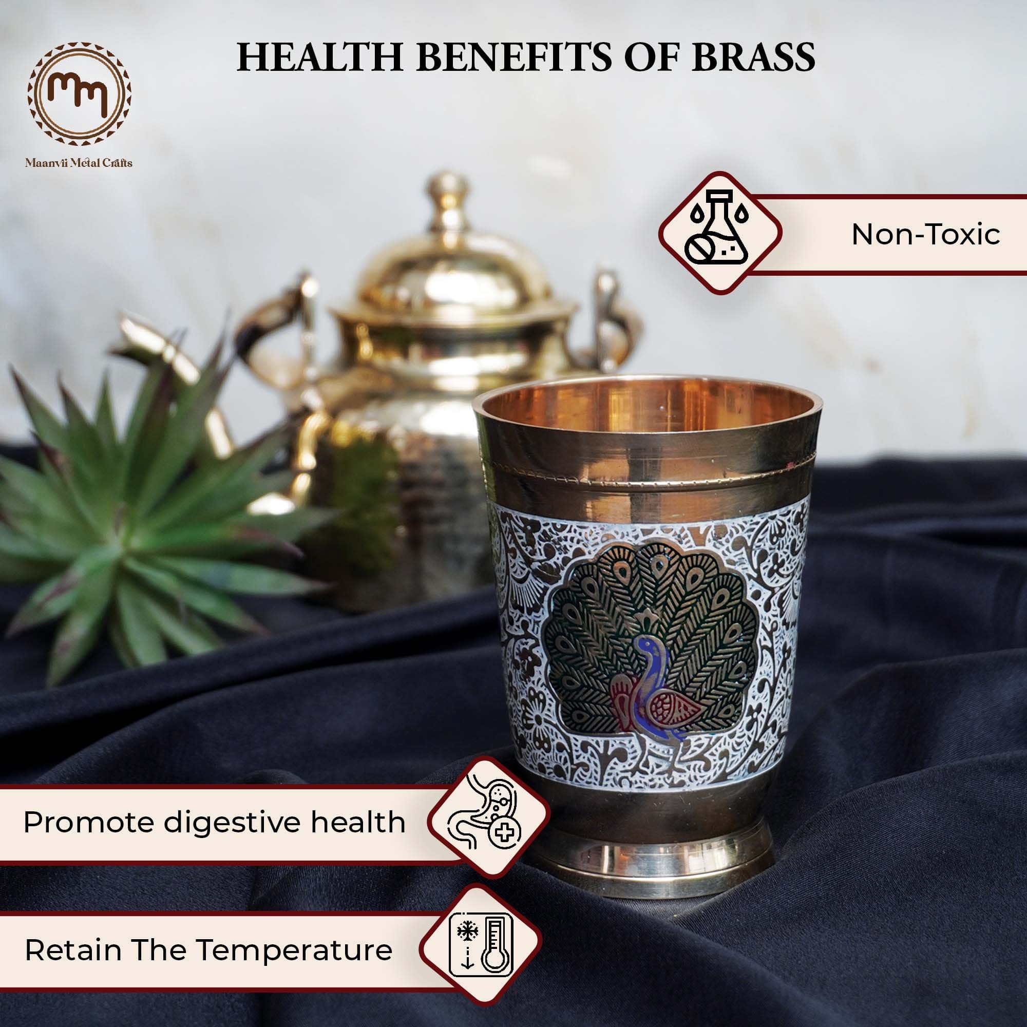 Handcrafted Pure Brass Glass with Embossed Peacock Design - 250 ml Drinkware