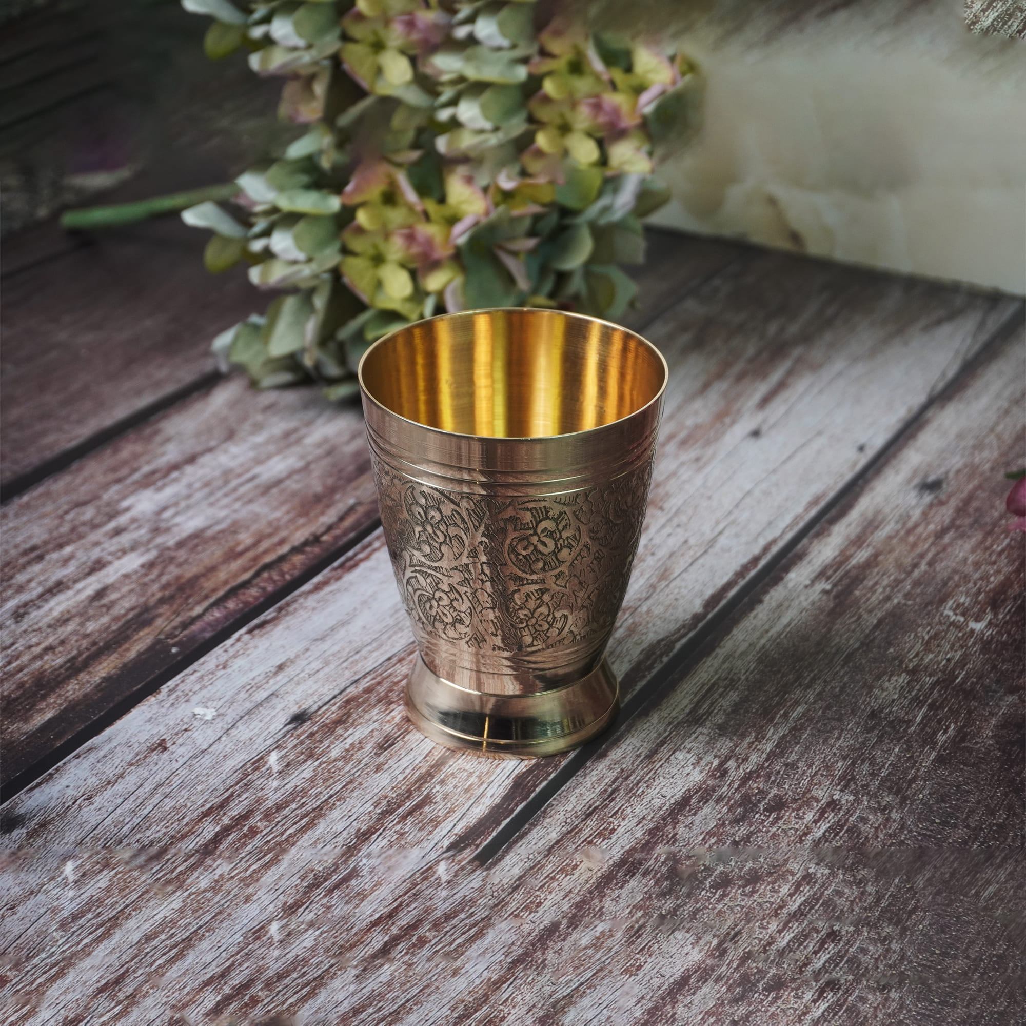 Maanvii Pure Brass Flower Embossed Glass - Luxurious Drinkware-250ML