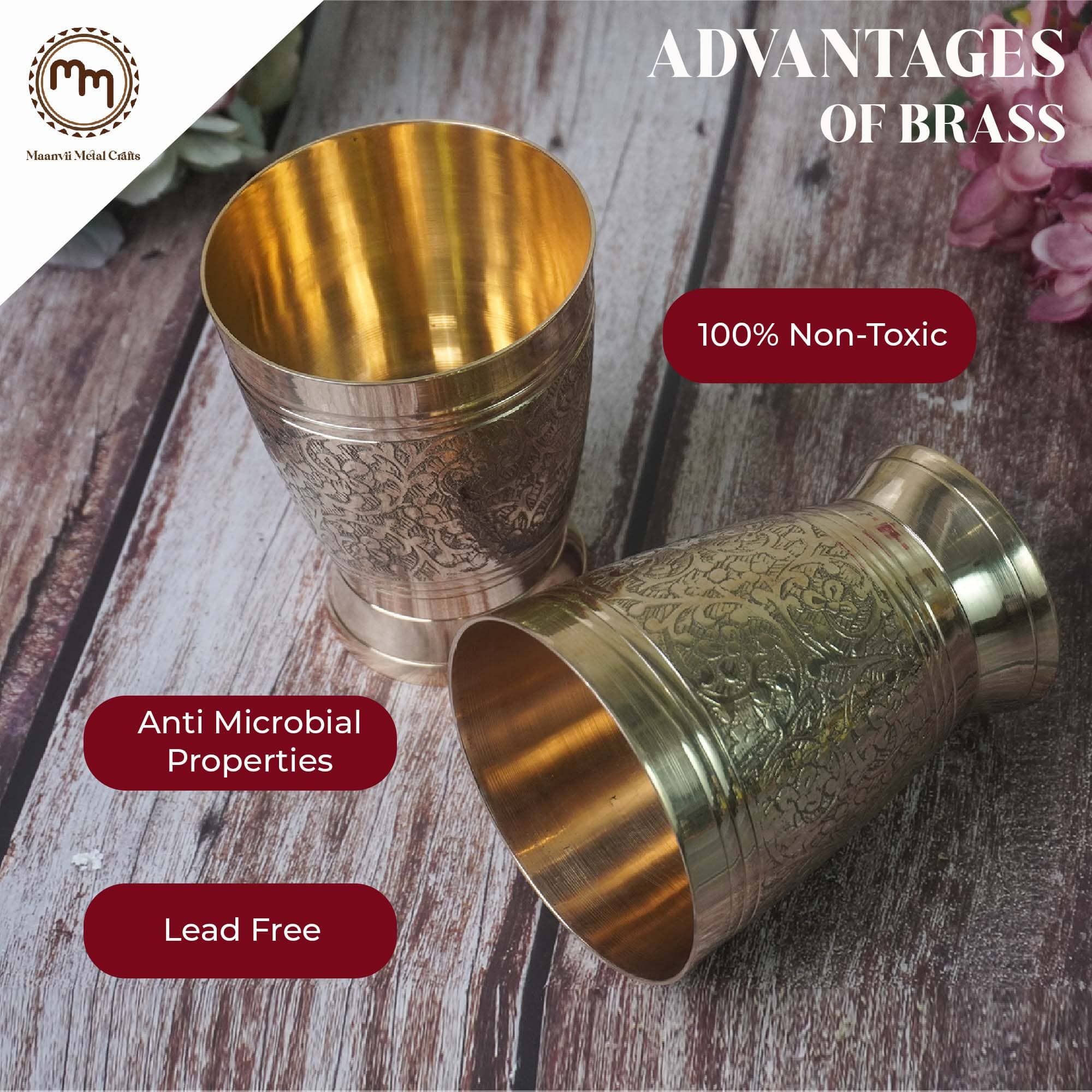 Maanvii Pure Brass Flower Embossed Glass - Luxurious Drinkware-250ML