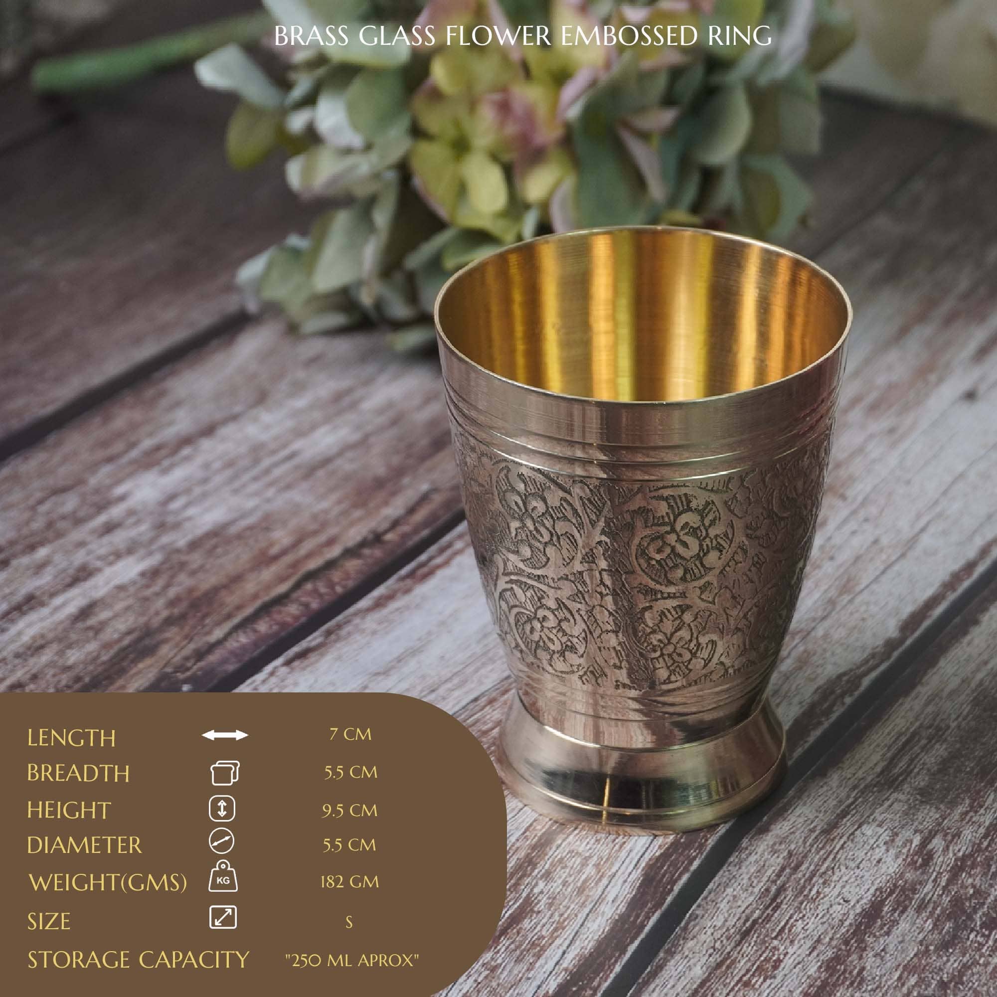 Maanvii Pure Brass Flower Embossed Glass - Luxurious Drinkware-250ML