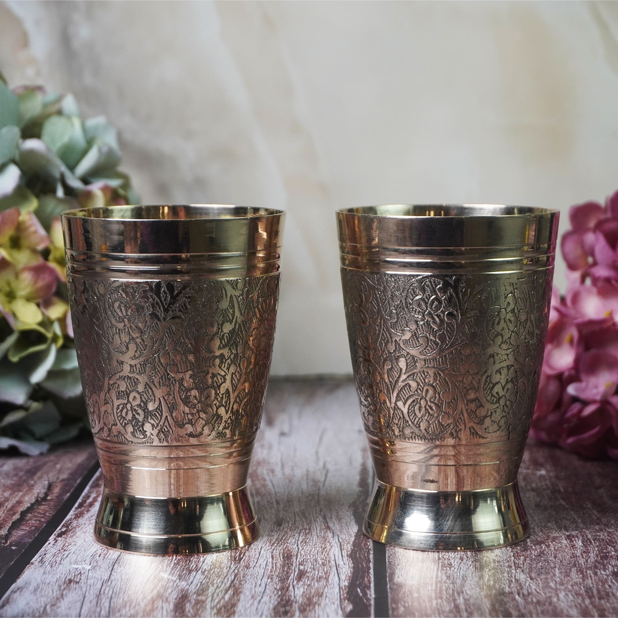 Maanvii Pure Brass Flower Embossed Glass - Luxurious Drinkware-250ML