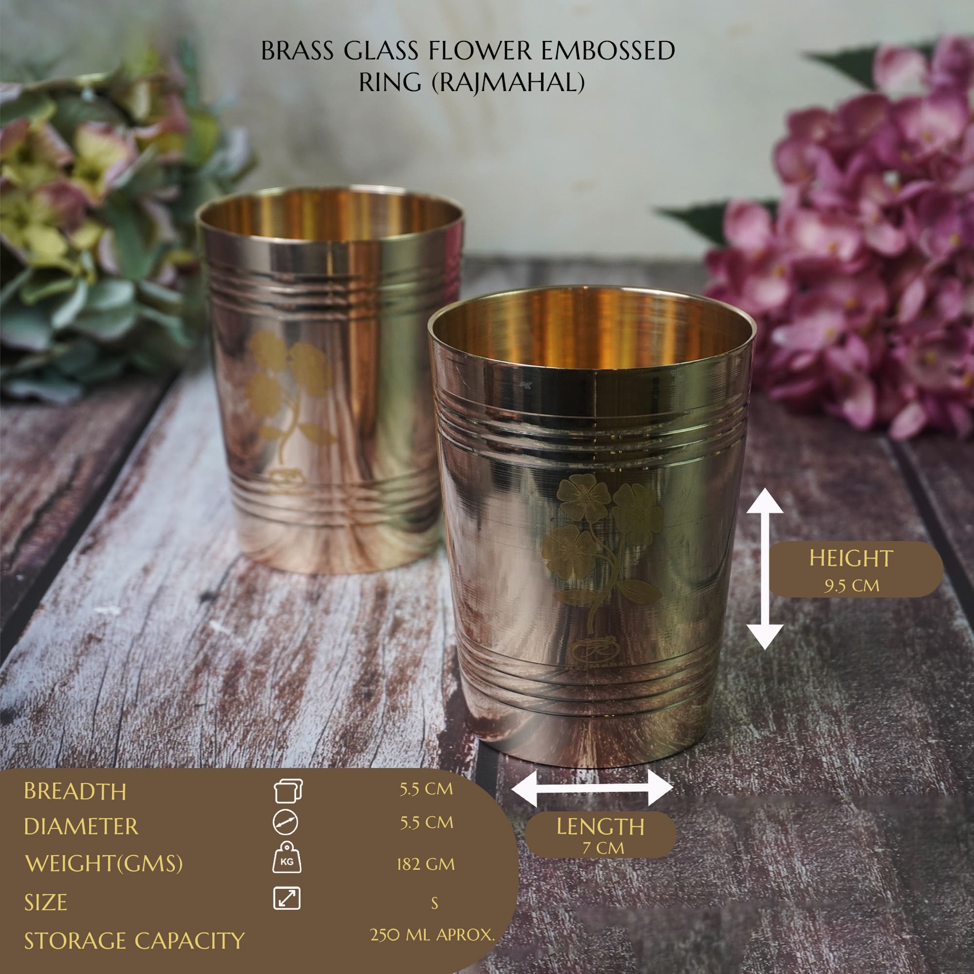 Handcrafted Pure Brass Glass Carving Flower Design | 250ml Tableware & Drinkware