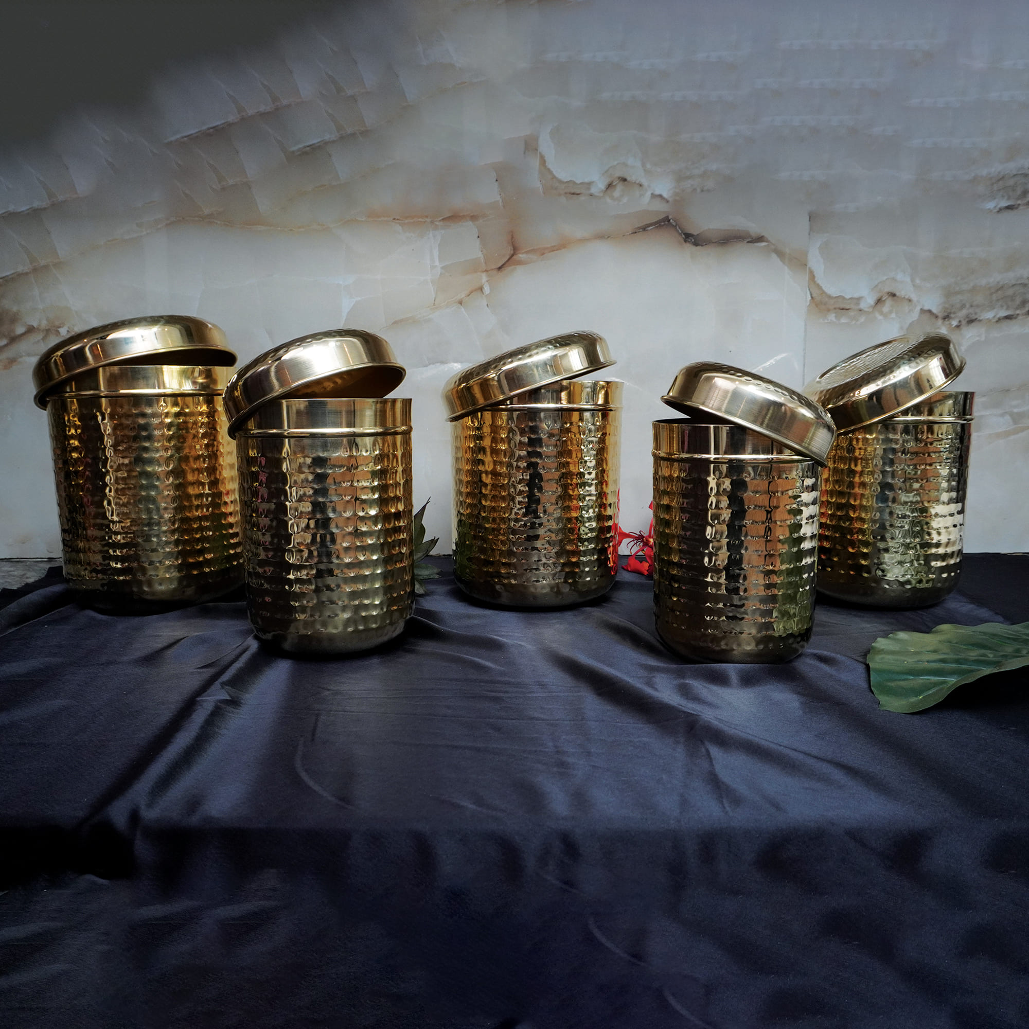 Maanvii Hammered Brass Dabba Set â€“ 5-Piece Kitchen Container Collection