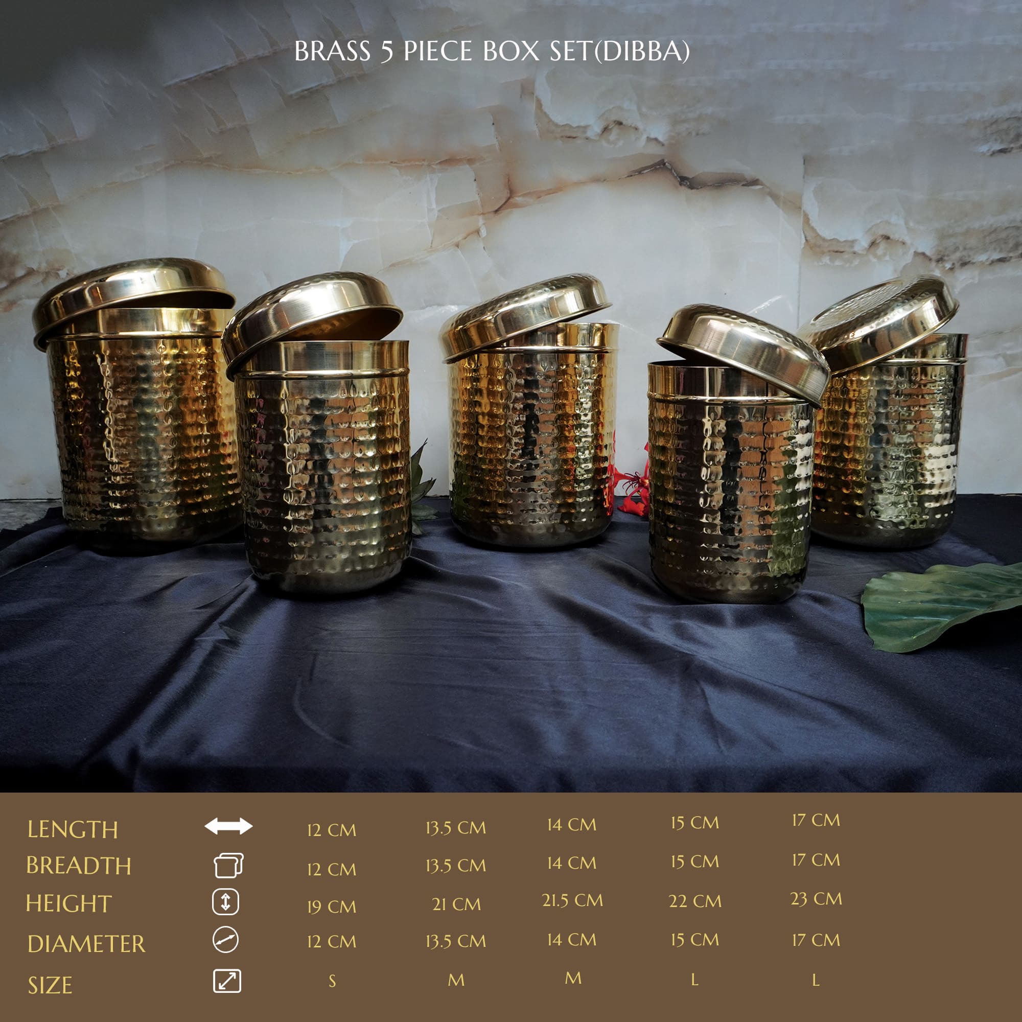 Maanvii Hammered Brass Dabba Set â€“ 5-Piece Kitchen Container Collection