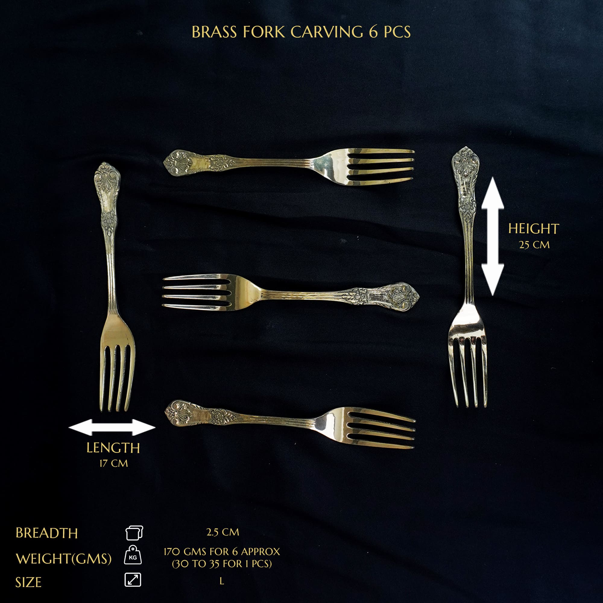 Golden Antique Carved Brass Dinner Fork Set â€“ A Touch of Luxury for Your Table